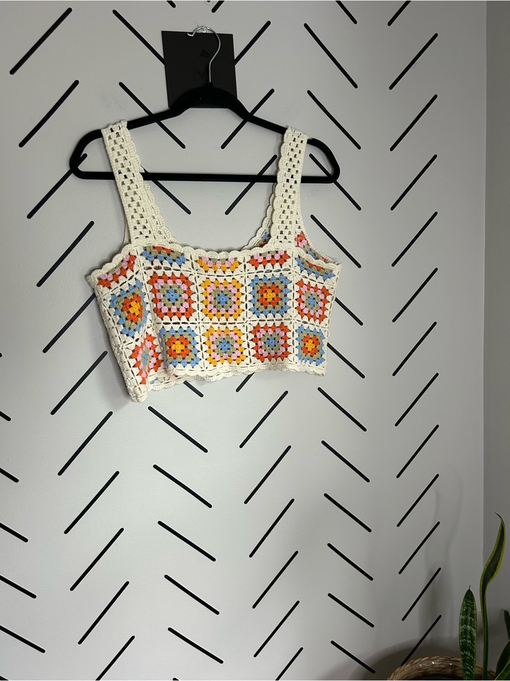 Sincerely Jules Crochet Square Patchwork Crop Top in Cream, Orange, Blue, Pink